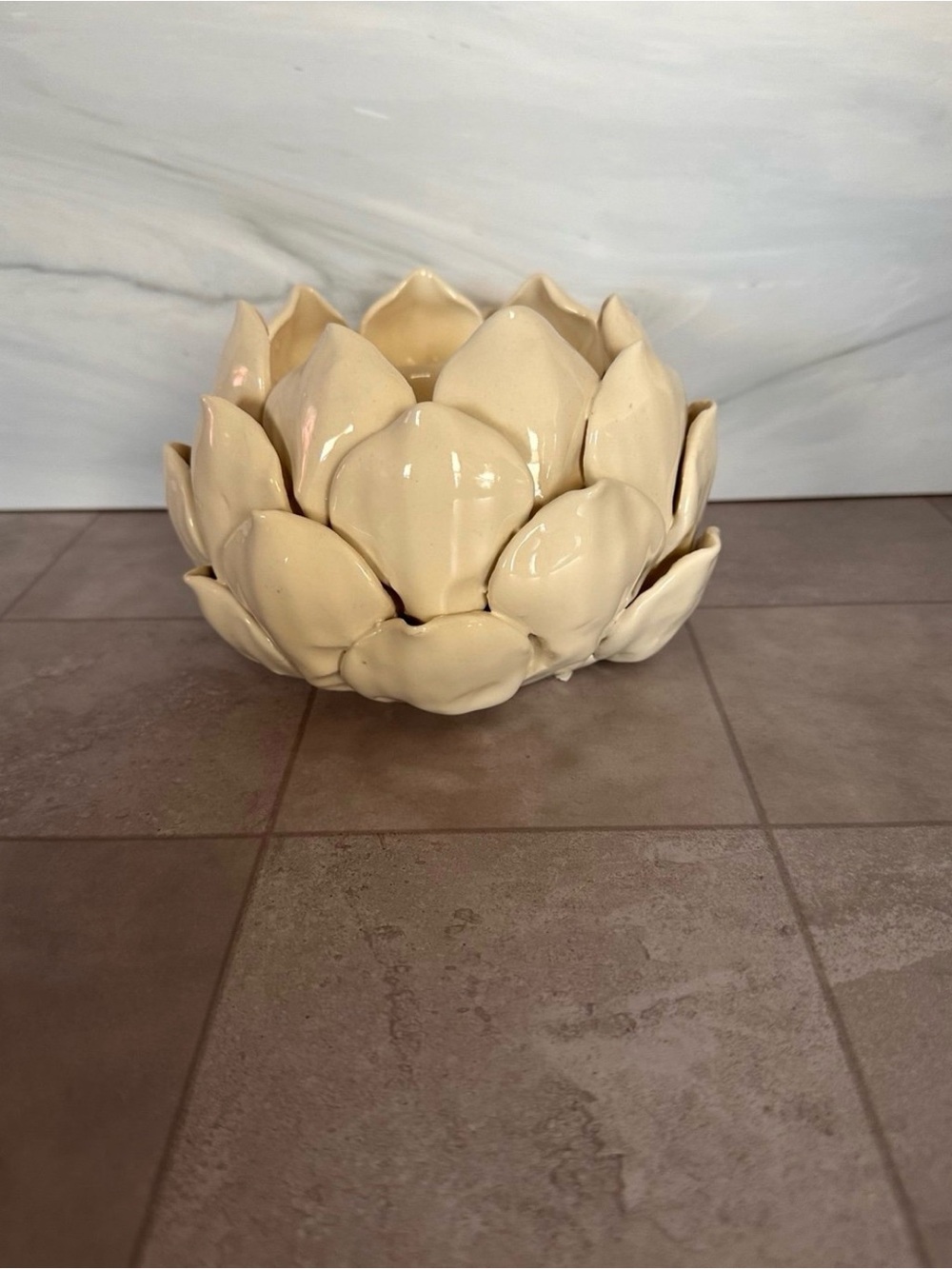 Glossy Cream Ceramic Artichoke Candle Holder Chic Lotus Tea Light Bowl Decor